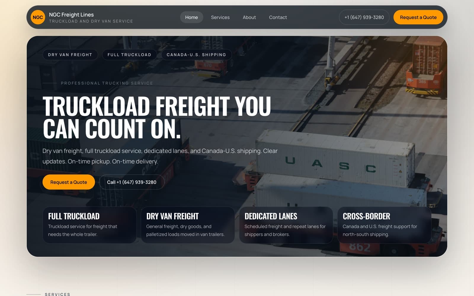 Screenshot of the NGC Freight Lines website